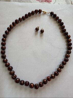 Vintage Brown Bead Necklace with Matching Stud Earrings
